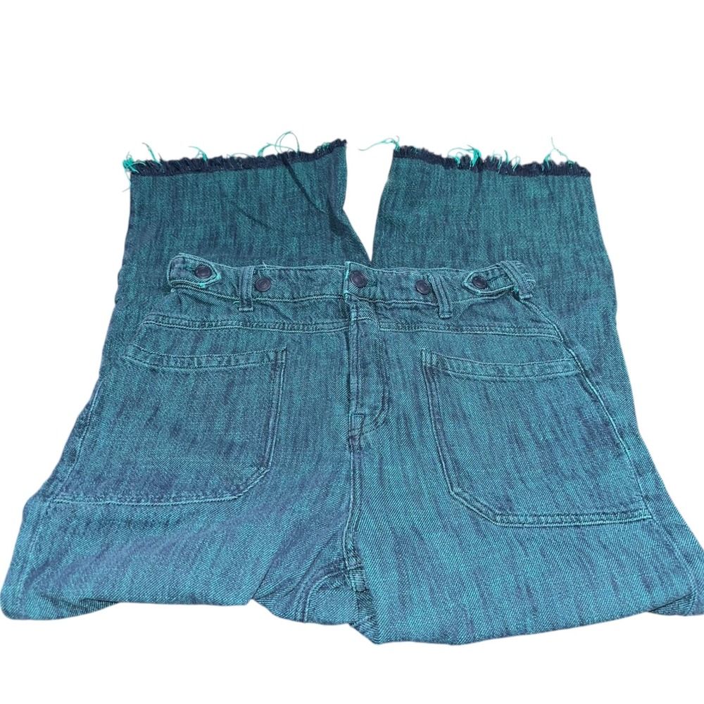 We The Free Wide Leg Cropped Jeans Raw Hem Teal Green High Rise 28